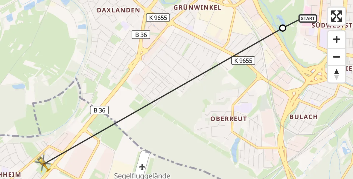 Flugroute Rettungshubschrauber Sankt Vincentius Hospital - Rheinstetten, 04 April 2026, 15:29