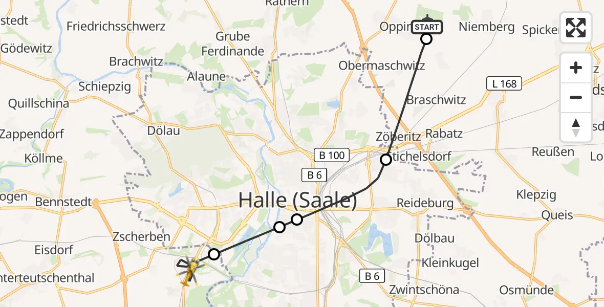 Flugroute Ambulanzhubschrauber Halle-Oppin Flugplatz - Teutschenthal, 04 April 2026, 15:55