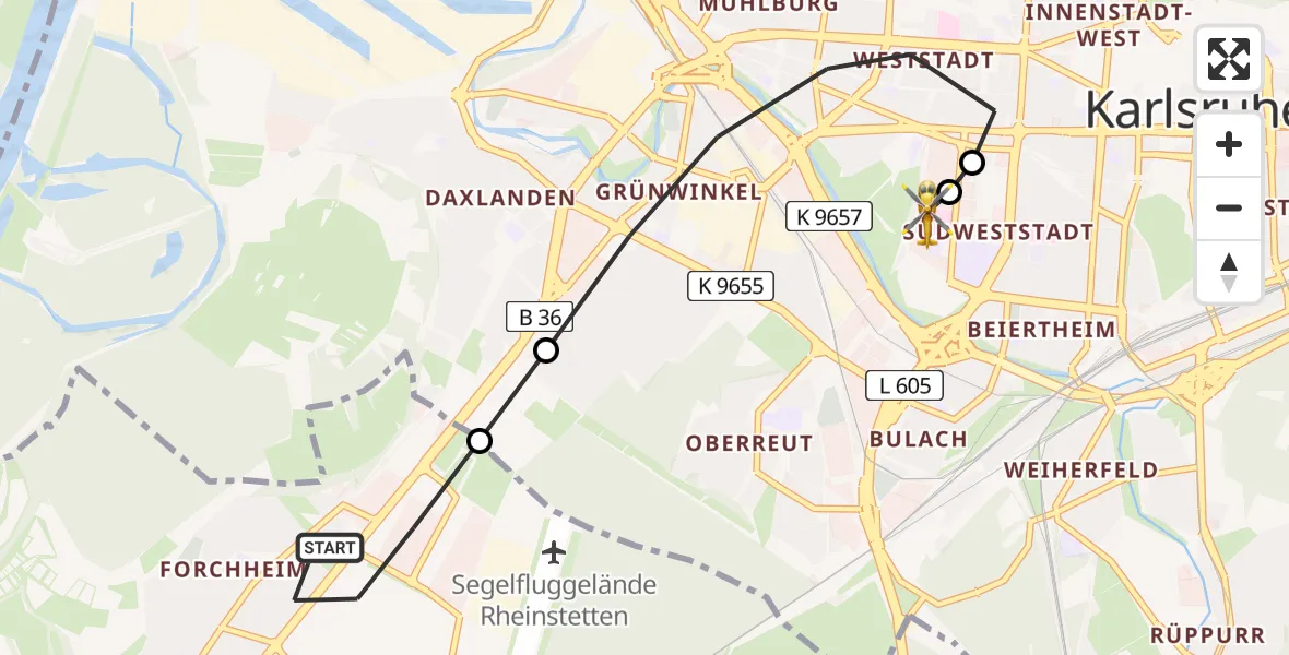 Flugroute Rettungshubschrauber Rheinstetten - Sankt Vincentius Hospital, 04 April 2026, 16:10