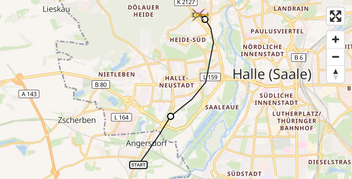 Flugroute Ambulanzhubschrauber Teutschenthal - Halle (Saale) University Hospital, 04 April 2026, 16:43
