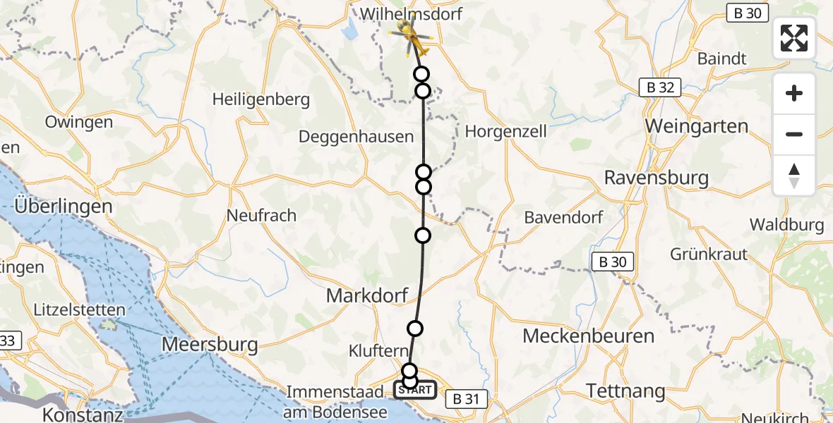Flugroute Rettungshubschrauber Friedrichshafen Hospital - Wilhelmsdorf, 04 April 2026, 17:02