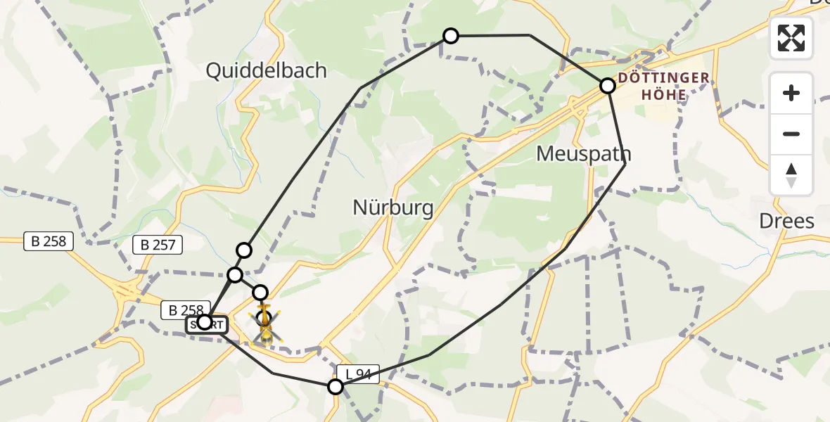 Flugroute Ambulanzhubschrauber Nürburg - Nürburgring Hubschrauberlandeplatz, 04 April 2026, 17:17