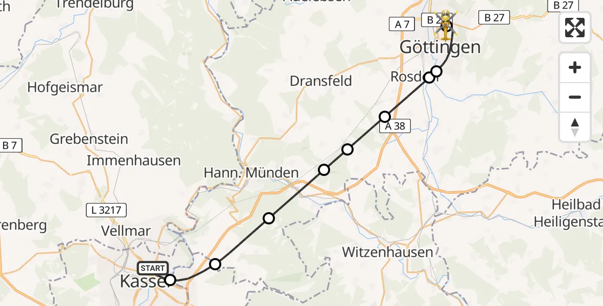 Flugroute Rettungshubschrauber Kassel - Göttingen University Clinic Hubschrauberlandeplatz, 04 April 2026, 17:21