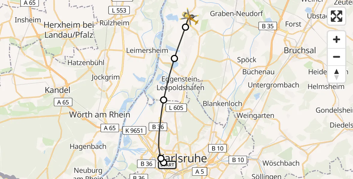 Flugroute Rettungshubschrauber Sankt Vincentius Hospital - Dettenheim, 04 April 2026, 17:23