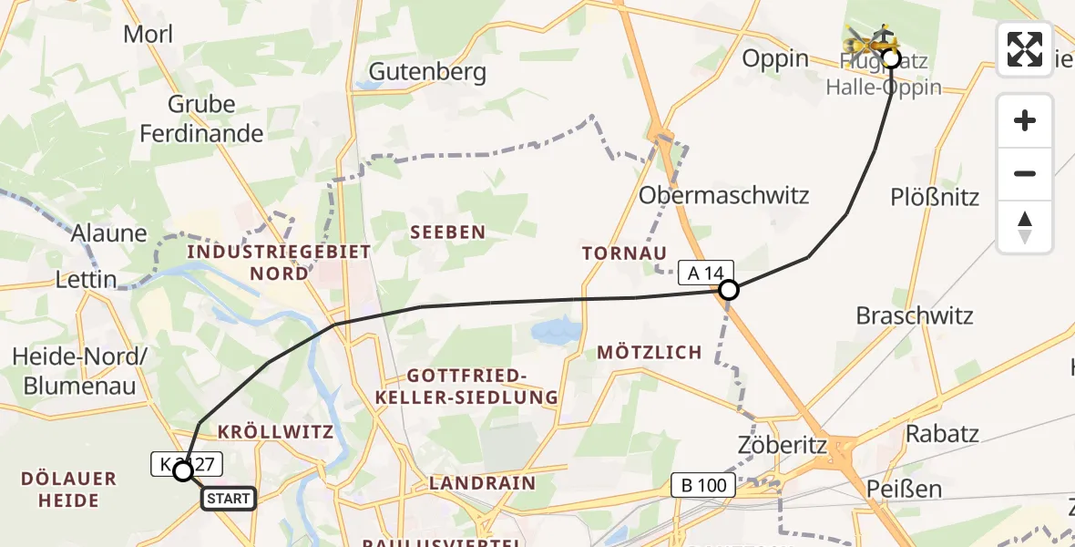 Flugroute Ambulanzhubschrauber Halle (Saale) University Hospital - Halle-Oppin Flugplatz, 04 April 2026, 17:27