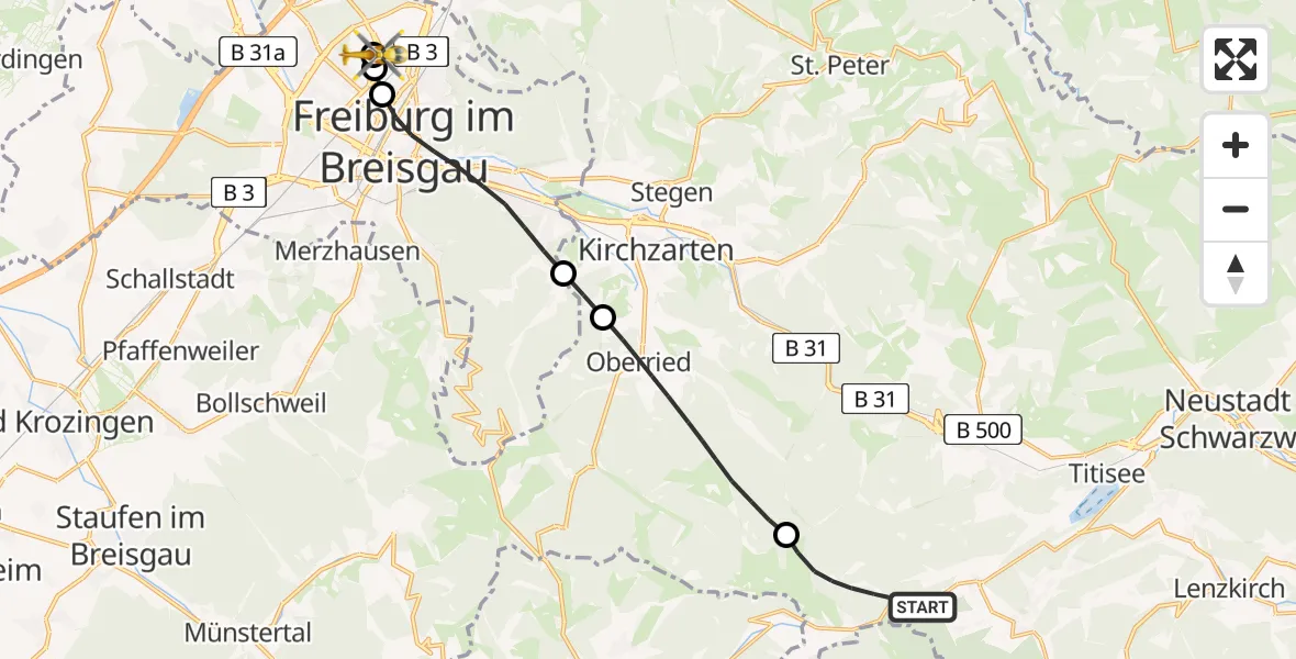 Flugroute Rettungshubschrauber Feldberg (Schwarzwald) - Freiburg im Breisgau Flugplatz, 04 April 2026, 17:29