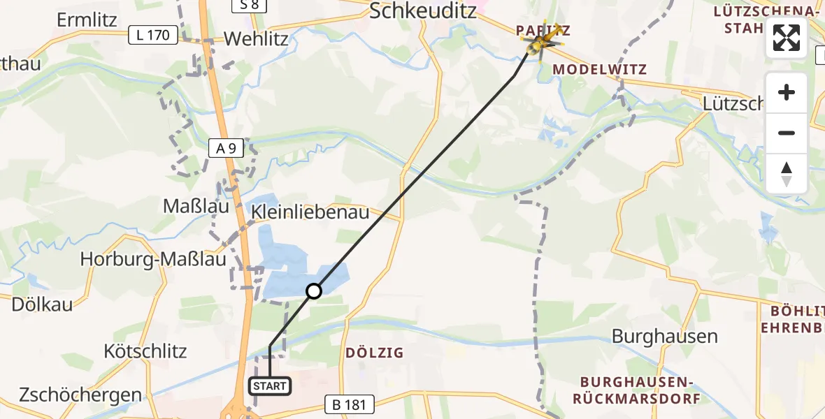 Flugroute Rettungshubschrauber ADAC Air Rescue Station Leipzig/Schkeuditz-Dölzig Hubschrauberlandeplatz (Christoph 61) - Schkeuditz, 04 April 2026, 17:36