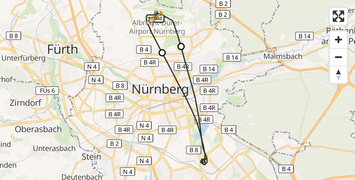 Flugroute Rettungshubschrauber Flughafen Nuremberg - Flughafen Nuremberg, 04 April 2026, 17:45