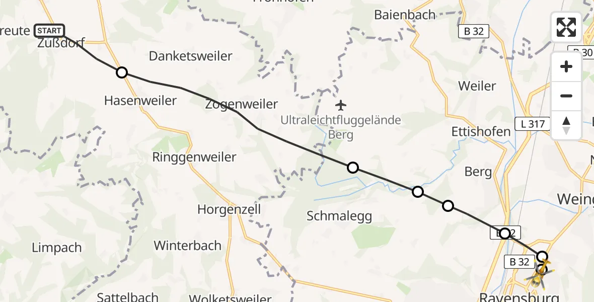 Flugroute Rettungshubschrauber Wilhelmsdorf - Sankt Elisabeth Hospital, 04 April 2026, 17:57