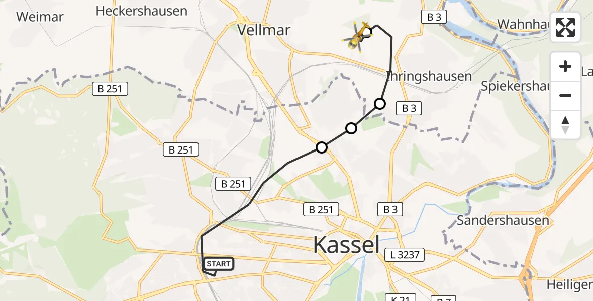 Flugroute Rettungshubschrauber Kassel - Fuldatal Bundespolizei Hubschrauberlandeplatz, 04 April 2026, 17:58