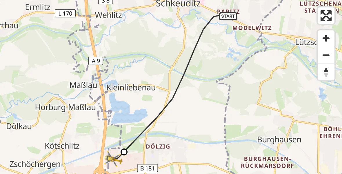 Flugroute Rettungshubschrauber Schkeuditz - ADAC Air Rescue Station Leipzig/Schkeuditz-Dölzig Hubschrauberlandeplatz (Christoph 61), 04 April 2026, 18:18