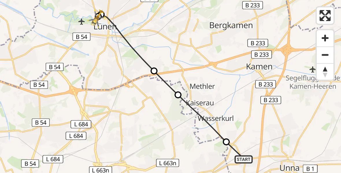 Flugroute Rettungshubschrauber Unna - Sankt Marien Hospital, 04 April 2026, 18:32