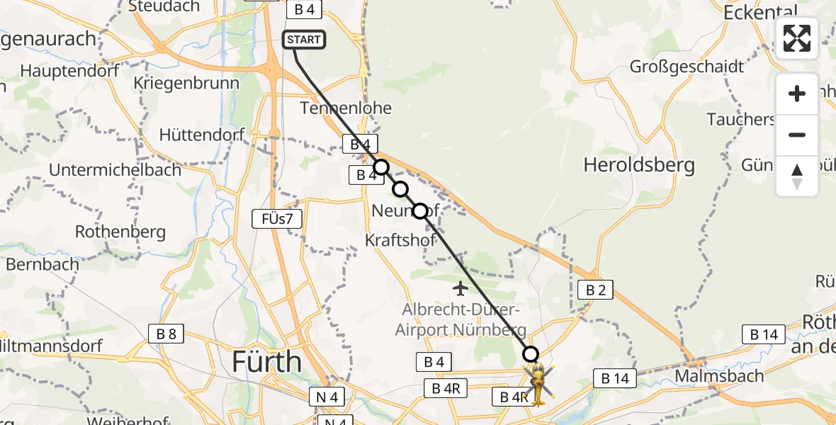 Flugroute Ambulanzhubschrauber Erlangen - Nürnberg, 04 April 2026, 19:07