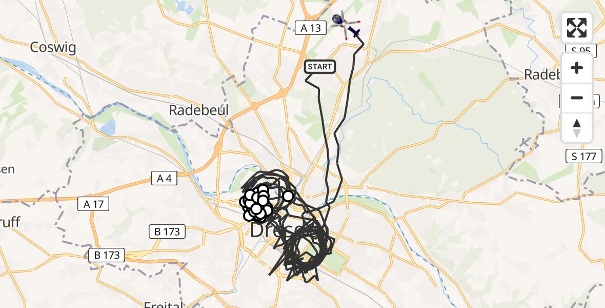 Flugroute Polizeihubschrauber Dresden - Dresden Bundespolizei Hubschrauberlandeplatz, 04 April 2026, 19:42