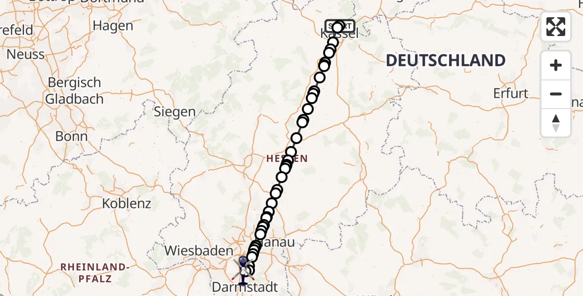 Flugroute Polizeihubschrauber Fuldatal Bundespolizei Hubschrauberlandeplatz - Flughafen Frankfurt-Egelsbach, 04 April 2026, 19:46