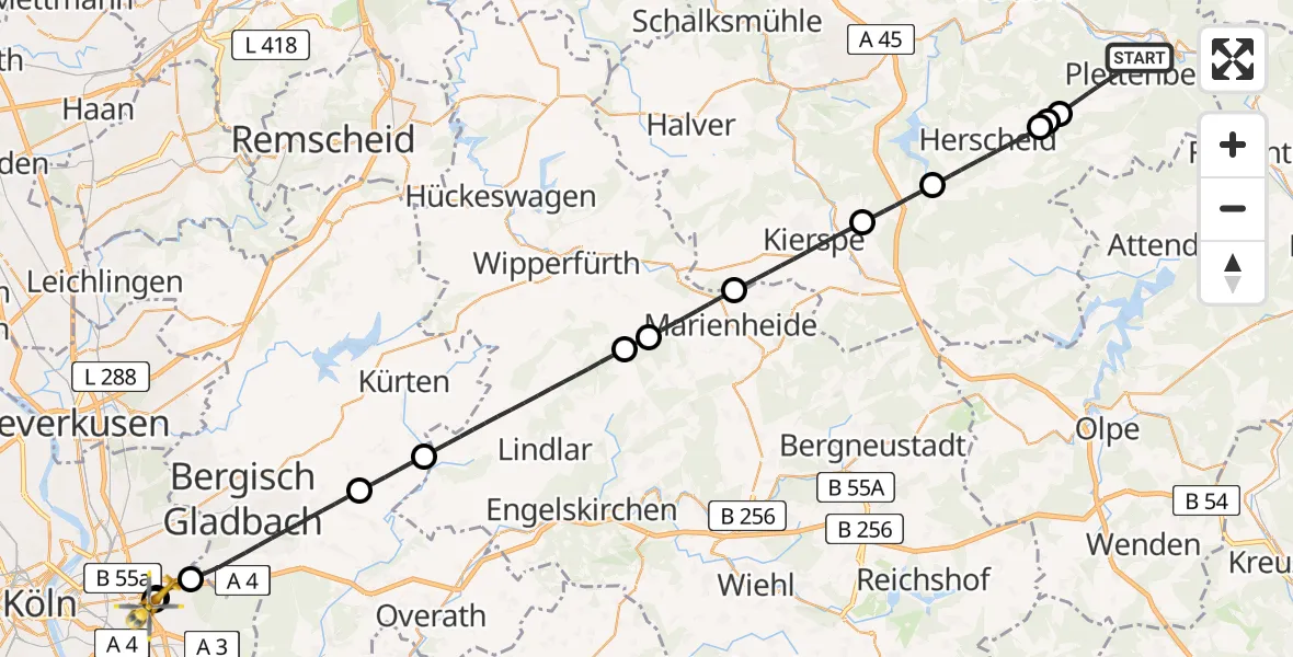 Routekaart van de vlucht: Ambulanzhubschrauber nach Merheim Hospital