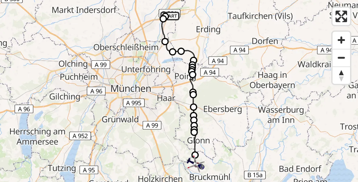 Flugroute Polizeihubschrauber Hallbergmoos - Feldkirchen-Westerham, 04 April 2026, 20:05