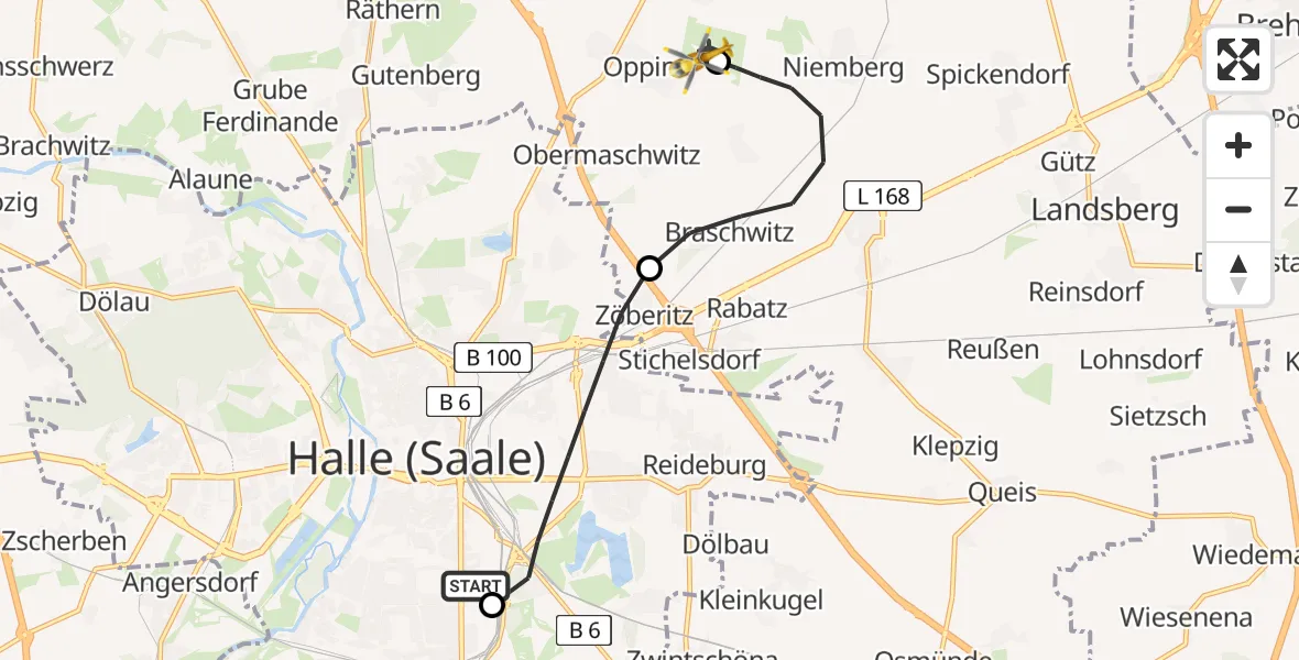 Flugroute Ambulanzhubschrauber BG Hospital Bergmannstrost Halle - Halle-Oppin Flugplatz, 04 April 2026, 20:51
