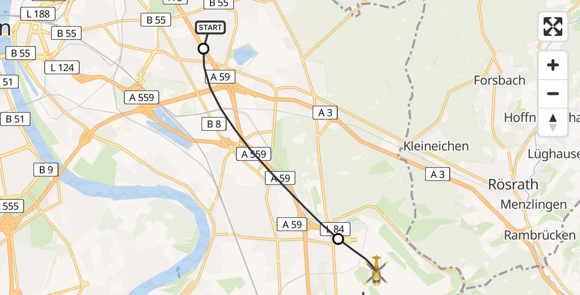 Flugroute Ambulanzhubschrauber Merheim Hospital - Köln Bonn Flughafen, 04 April 2026, 20:54