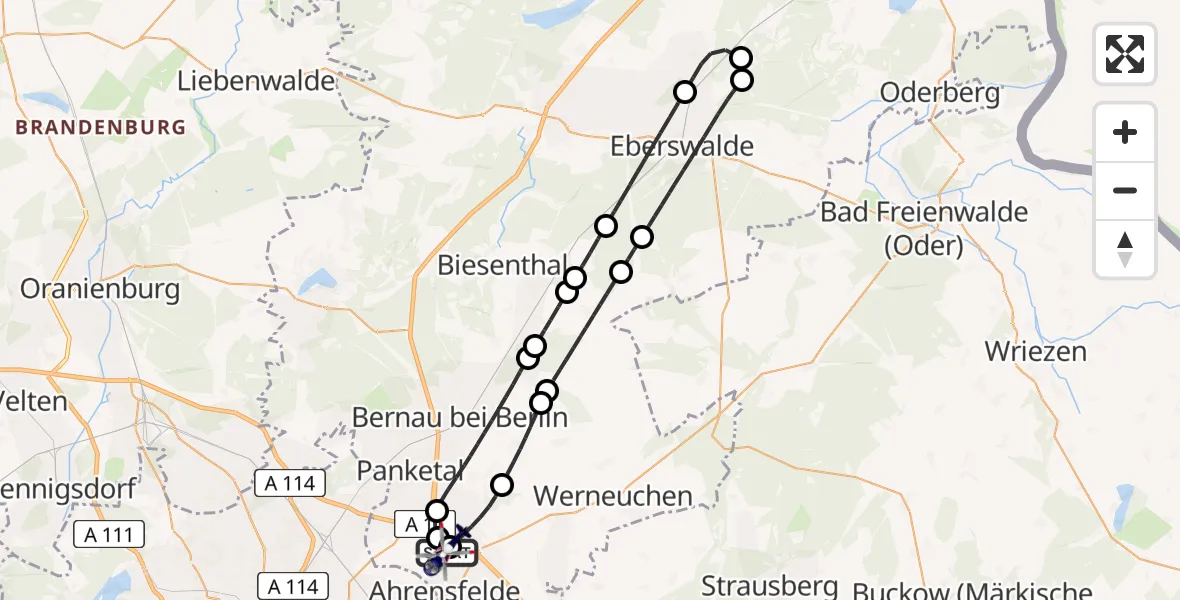 Flugroute Polizeihubschrauber Ahrensfelde Hubschrauberlandeplatz - Ahrensfelde Hubschrauberlandeplatz, 04 April 2026, 21:37