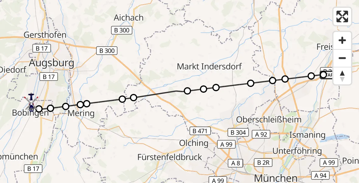 Flugroute Polizeihubschrauber Hallbergmoos - Bobingen, 04 April 2026, 22:23