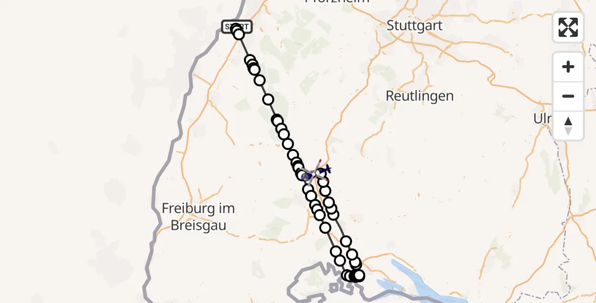 Flugroute Polizeihubschrauber Karlsruhe Baden-Baden Flughafen - Zimmern ob Rottweil, 04 April 2026, 23:37