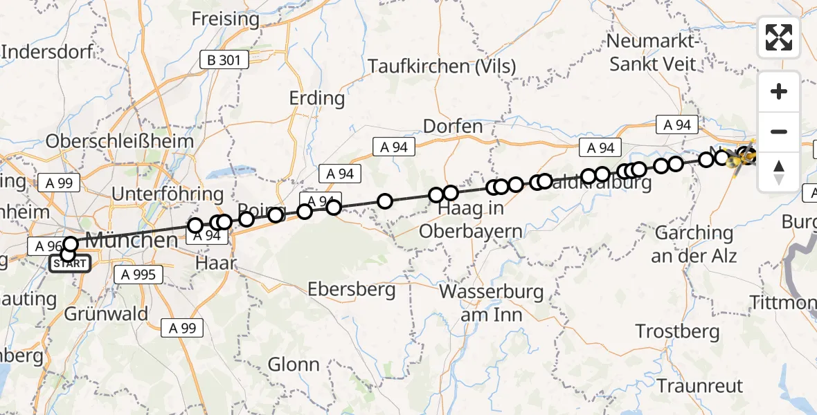 Flugroute Rettungshubschrauber DRF Air Rescue München Hubschrauberlandeplatz - Altötting-Burghausen District Hospital Altötting, 05 April 2026, 00:15