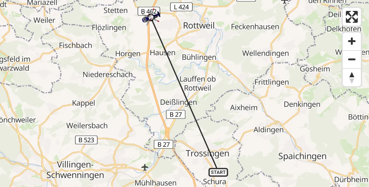 Flugroute Polizeihubschrauber Trossingen - Zimmern ob Rottweil, 05 April 2026, 02:00