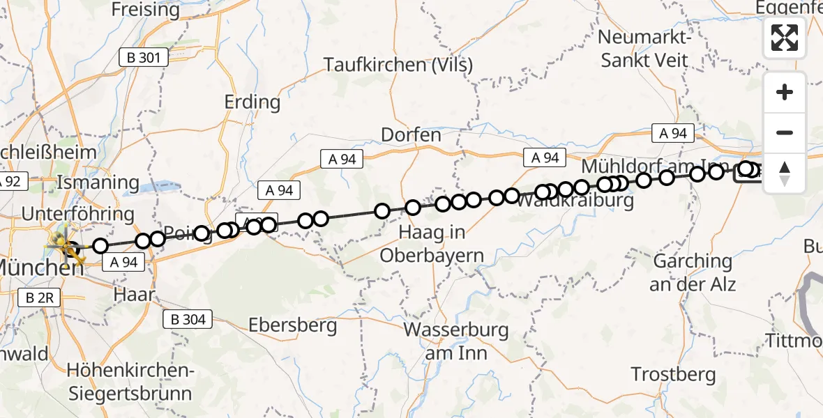 Flugroute Rettungshubschrauber Altötting-Burghausen District Hospital Altötting - München Bogenhausen Hospital, 05 April 2026, 02:03