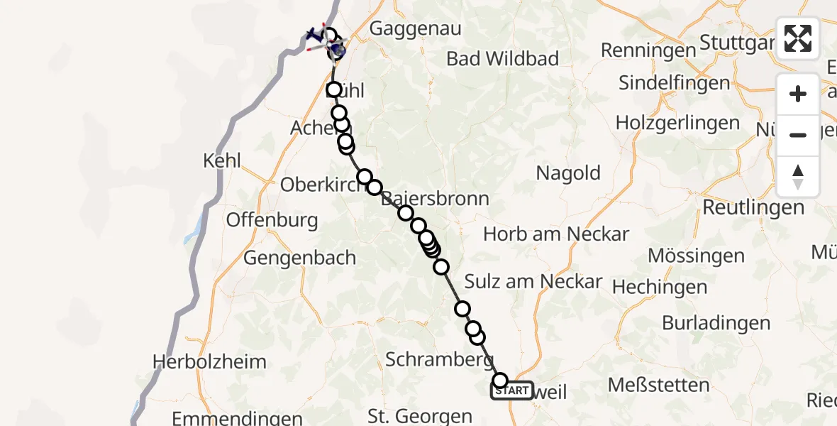 Flugroute Polizeihubschrauber Zimmern ob Rottweil - Karlsruhe Baden-Baden Flughafen, 05 April 2026, 02:56