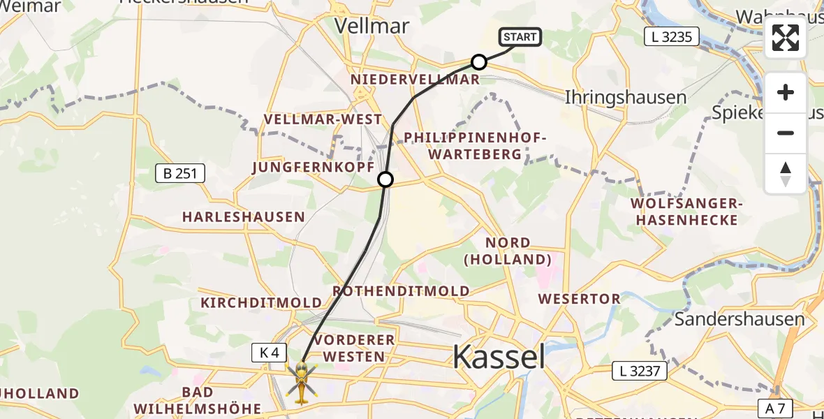 Flugroute Rettungshubschrauber Fuldatal Bundespolizei Hubschrauberlandeplatz - Kassel, 05 April 2026, 05:00