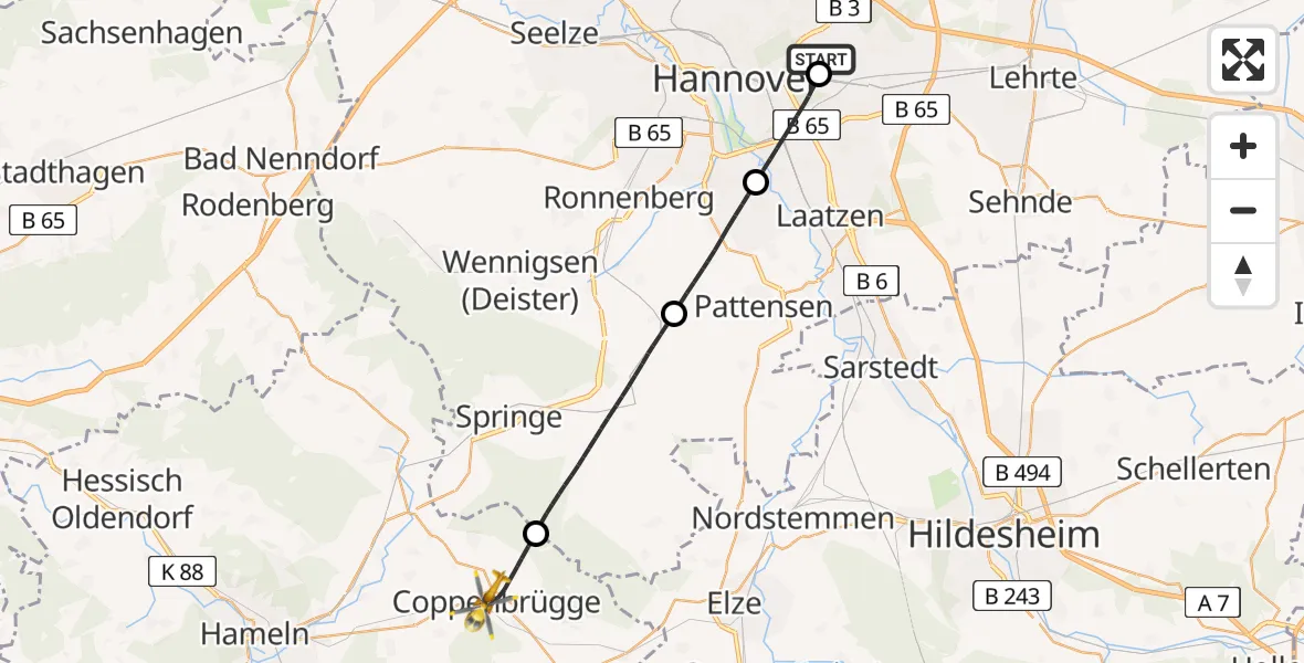 Flugroute Rettungshubschrauber Hannover Luftrettung Hubschrauberlandeplatz (Christoph 4) - Coppenbrügge, 05 April 2026, 05:05