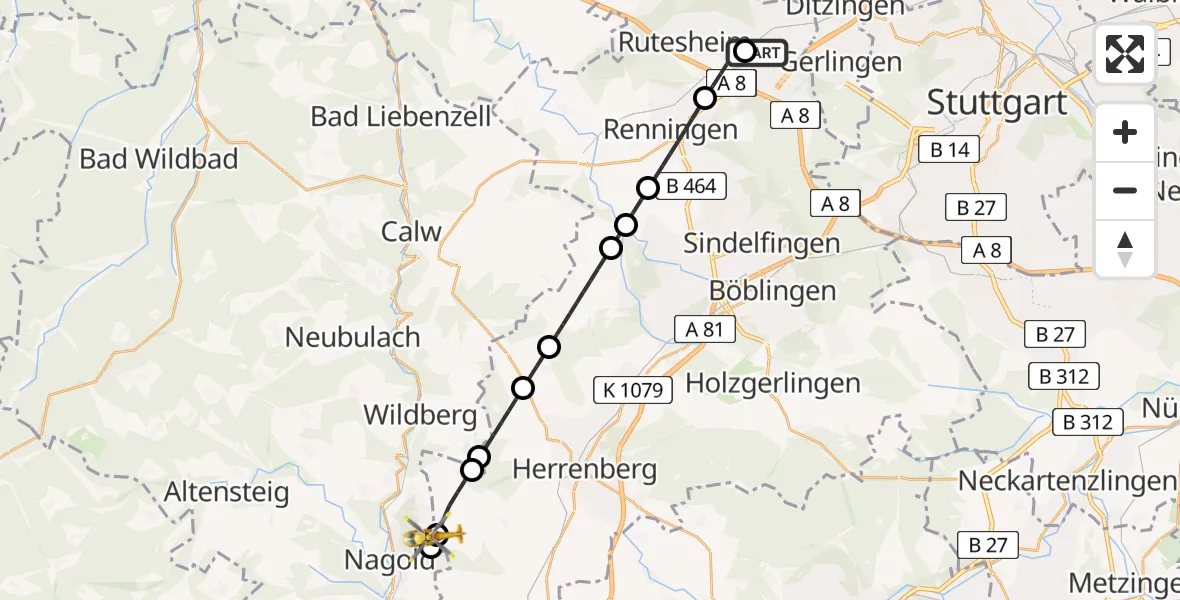 Flugroute Rettungshubschrauber Leonberg Hospital - Jettingen, 05 April 2026, 05:12