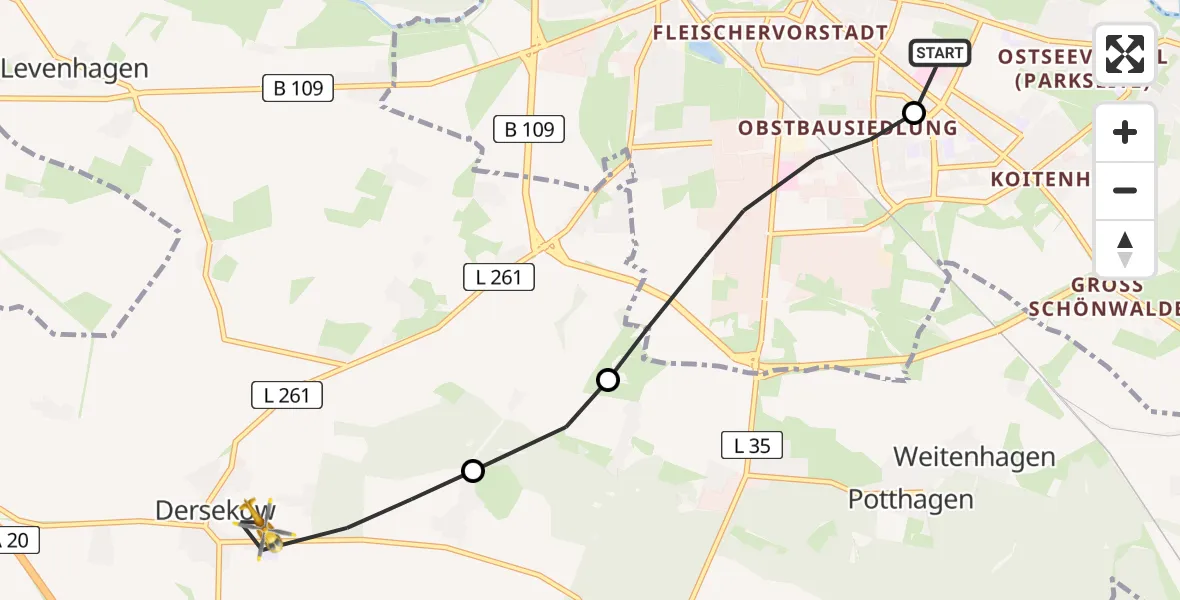 Flugroute Rettungshubschrauber Greifswald Hospital - Dersekow, 05 April 2026, 05:45