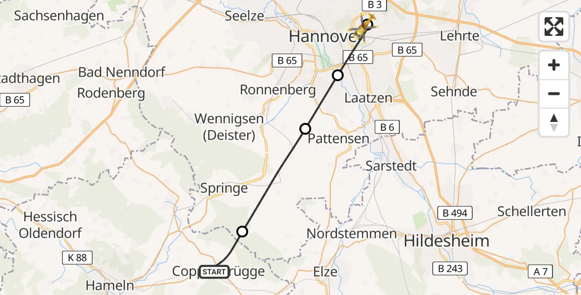 Flugroute Rettungshubschrauber Coppenbrügge - Hannover Luftrettung Hubschrauberlandeplatz (Christoph 4), 05 April 2026, 05:47