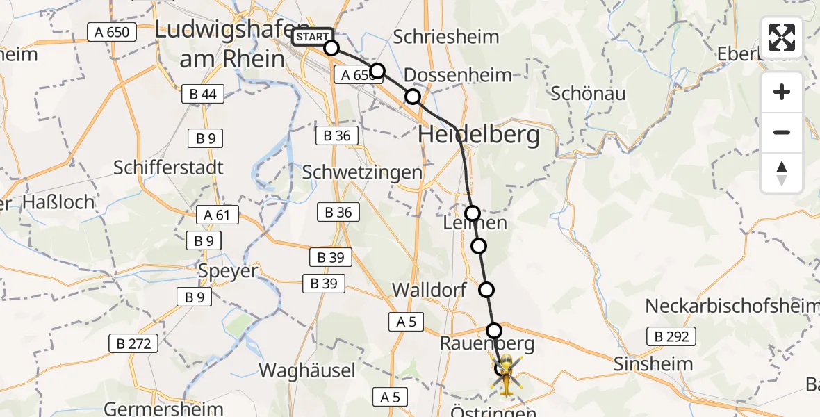 Flugroute Rettungshubschrauber Mannheim-City Flughafen - Mühlhausen, 05 April 2026, 05:58