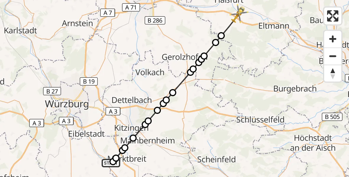 Flugroute Rettungshubschrauber Ochsenfurt Hospital - Knetzgau, 05 April 2026, 06:03