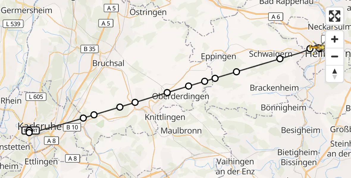 Flugroute Rettungshubschrauber Sankt Vincentius Hospital - Heilbronn Hospital, 05 April 2026, 06:04