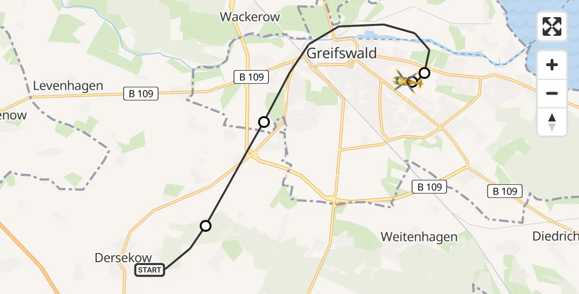Routekaart van de vlucht: Rettungshubschrauber nach Greifswald Hospital