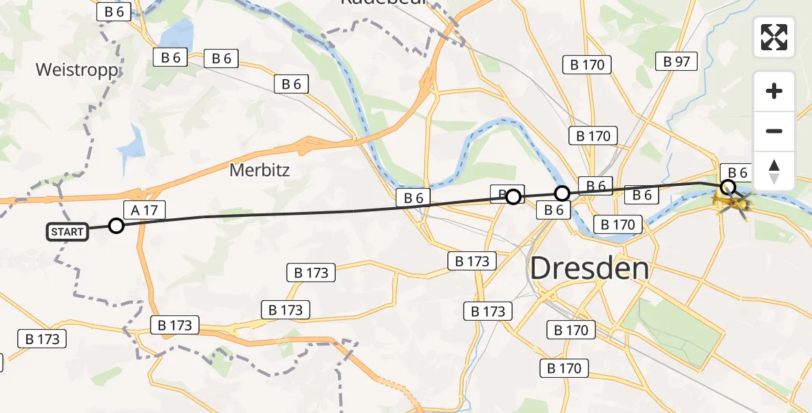 Flugroute Rettungshubschrauber Wilsdruff - Dresden Elbwiesen Hubschrauberlandeplatz, 05 April 2026, 06:22
