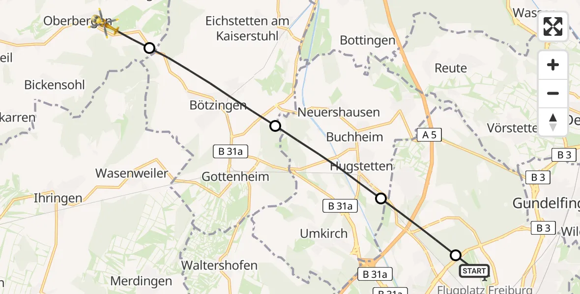 Flugroute Rettungshubschrauber Freiburg im Breisgau Flugplatz - Vogtsburg im Kaiserstuhl, 05 April 2026, 06:40