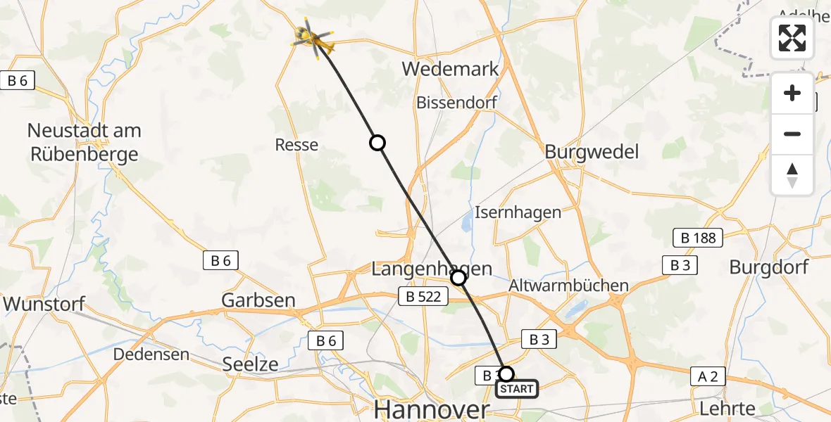 Flugroute Rettungshubschrauber Hannover Luftrettung Hubschrauberlandeplatz (Christoph 4) - Wedemark, 05 April 2026, 07:02
