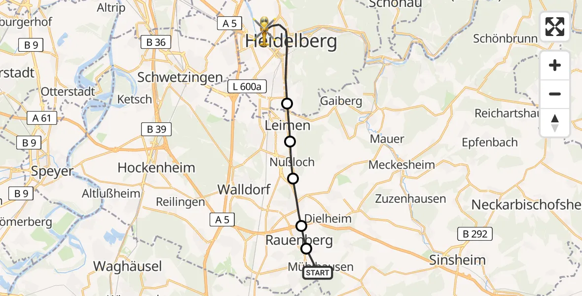 Flugroute Rettungshubschrauber Mühlhausen - Heidelberg, 05 April 2026, 07:14
