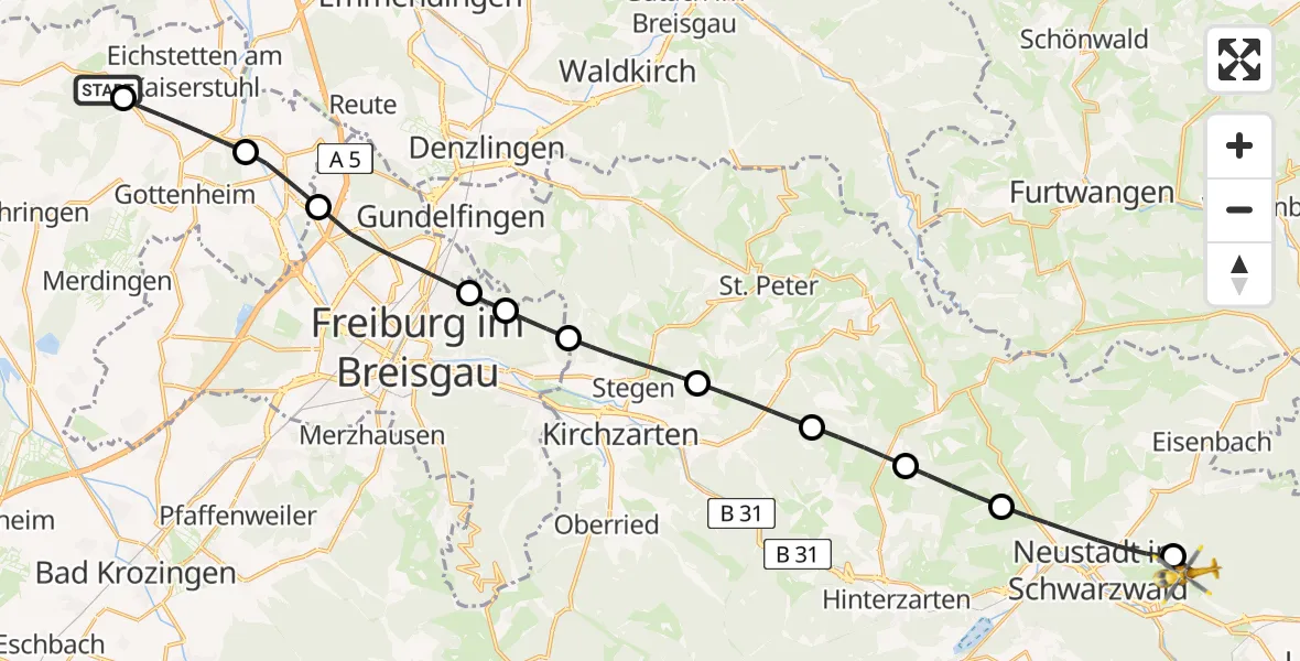 Flugroute Rettungshubschrauber Vogtsburg im Kaiserstuhl - Friedenweiler, 05 April 2026, 07:16