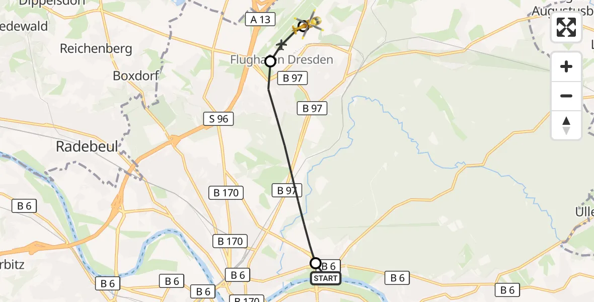Flugroute Rettungshubschrauber Dresden Elbwiesen Hubschrauberlandeplatz - Dresden Bundespolizei Hubschrauberlandeplatz, 05 April 2026, 07:17