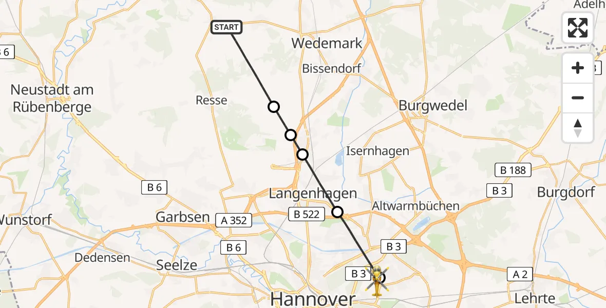 Flugroute Rettungshubschrauber Wedemark - Hannover Luftrettung Hubschrauberlandeplatz (Christoph 4), 05 April 2026, 07:35