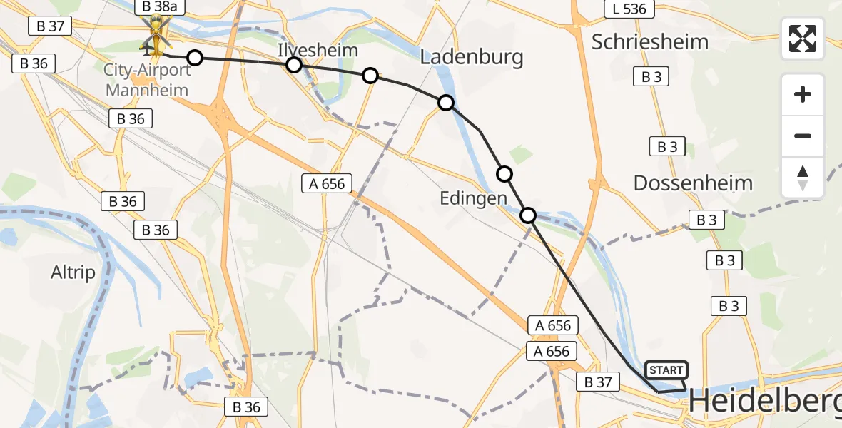 Flugroute Rettungshubschrauber Heidelberg - Mannheim-City Flughafen, 05 April 2026, 07:56