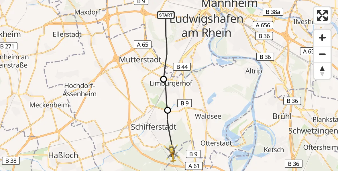 Flugroute Rettungshubschrauber Ludwigshafen am Rhein - Schifferstadt, 05 April 2026, 07:56