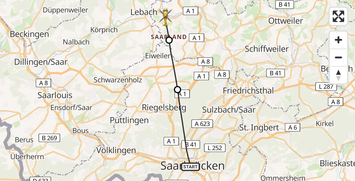 Flugroute Rettungshubschrauber Saarbrücken - Eppelborn, 05 April 2026, 08:05