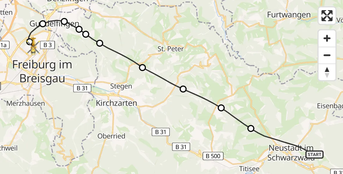 Flugroute Rettungshubschrauber Titisee-Neustadt - Freiburg im Breisgau Flugplatz, 05 April 2026, 08:08